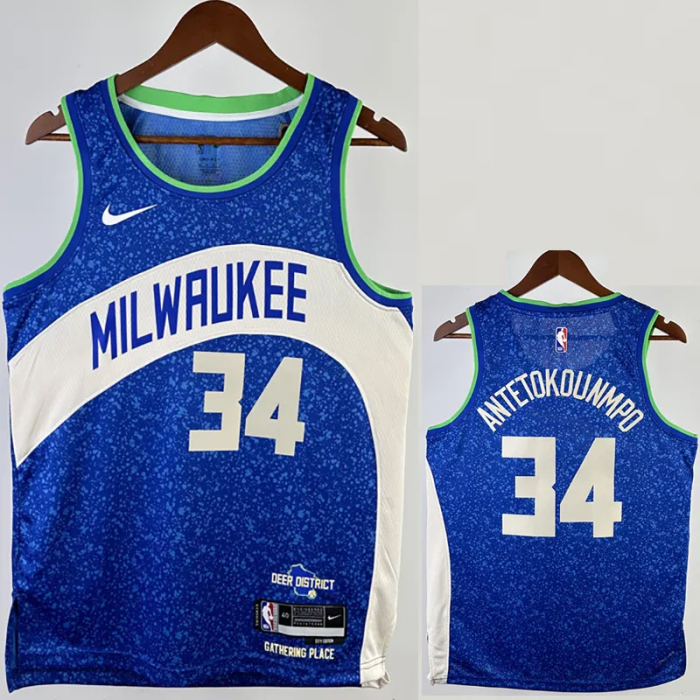 23-24 BUCKS ANTETOKOUNMPO #34 Blue City Edition Top Quality Hot Pressing NBA Jersey