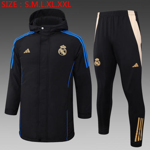 24-25 Real Madrid Black Hooded Windbreaker Fabric Cotton Coat（黄色标）