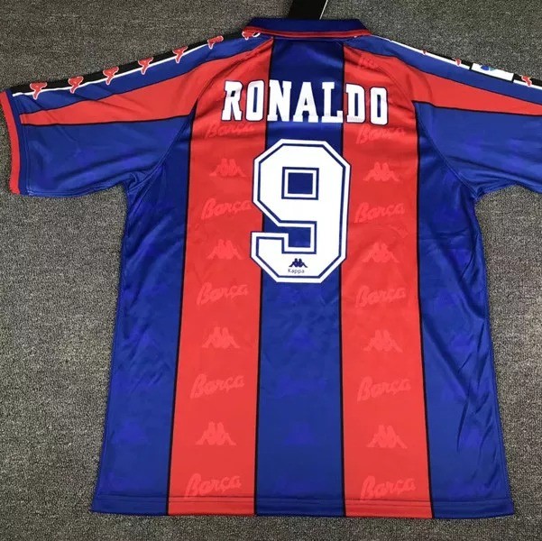 1996-1997 RONALDO # 9 Barcelona Home Red and Blue Retro Soccer Jersey