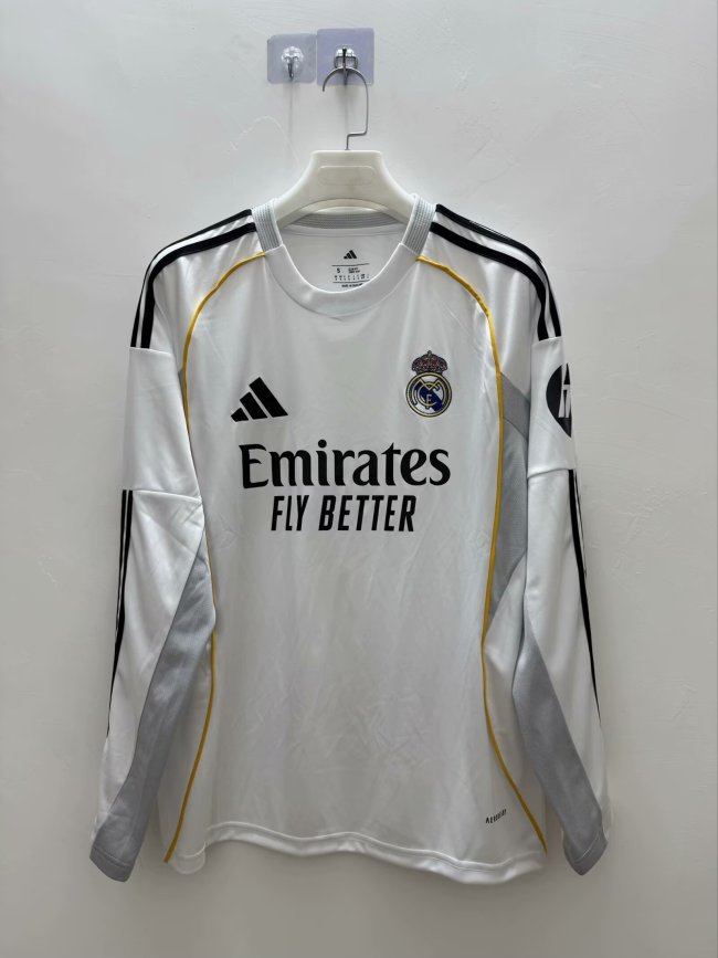 25-26 Real Madrid Home Long Sleeve Fans Version Soccer Jersey