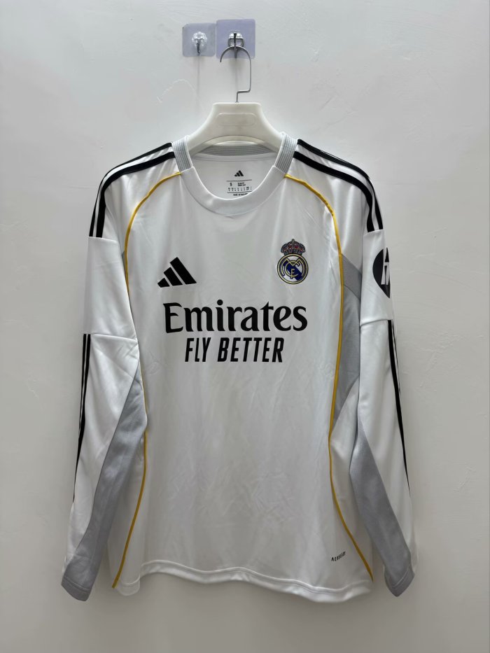 25-26 Real Madrid Home Long Sleeve Fans Version Soccer Jersey
