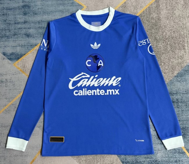 26-27 Club America Blue 110th Anniversary Edition Long Sleeve Fans Soccer Jersey (长袖)*带广告