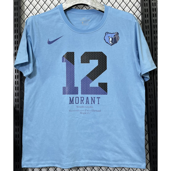 T191 Grizzlies MORANT #12 Lake blue High Quality Casual T-Shirt