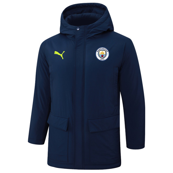 24-25 Man City Royal Blue Hooded Windbreaker Fabric Cotton Coat #G238(白绿标)