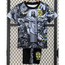 24-25 Brazil Black Grey Special Edition Kids Soccer Jersey *耶稣灰黑