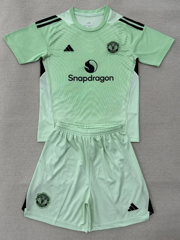 2025-26 Man Utd Light Green GoalKeeper Kids Soccer Jersey