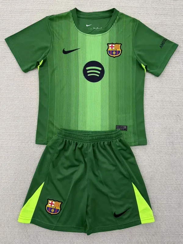 2025-26  Barcelona Green Goalkeeper Kids Soccer Jersey