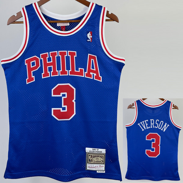 1996-97 76ERS IVERSON #3 Blue Retro Top Quality Hot Pressing NBA Jersey(圆领）