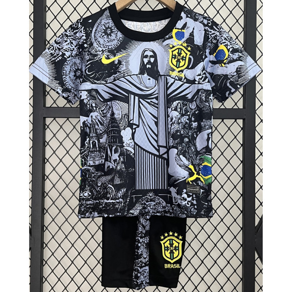 24-25 Brazil Black Grey Special Edition Kids Soccer Jersey *耶稣灰黑