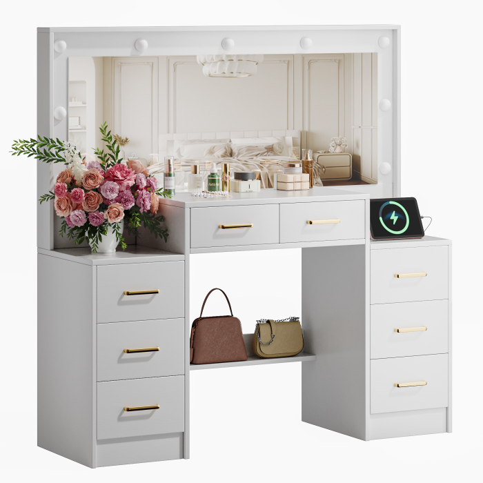 UGTOO 46.06 Inch Vanity Table with Large Mirror and 8 Drawers