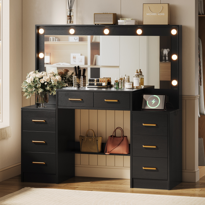 UGTOO 46.06 Inch Vanity Table with Large Mirror and 8 Drawers