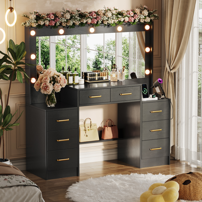 UGTOO 46.06 Inch Vanity Table with Large Mirror and 8 Drawers