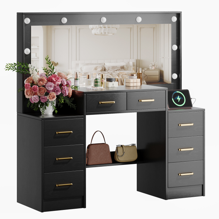 UGTOO 46.06 Inch Vanity Table with Large Mirror and 8 Drawers