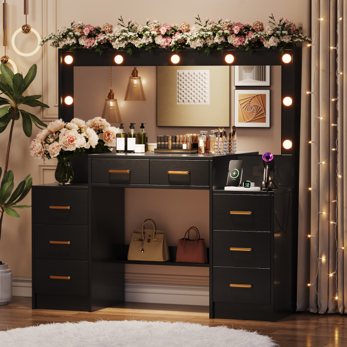 UGTOO 46.06 Inch Vanity Table with Large Mirror and 8 Drawers