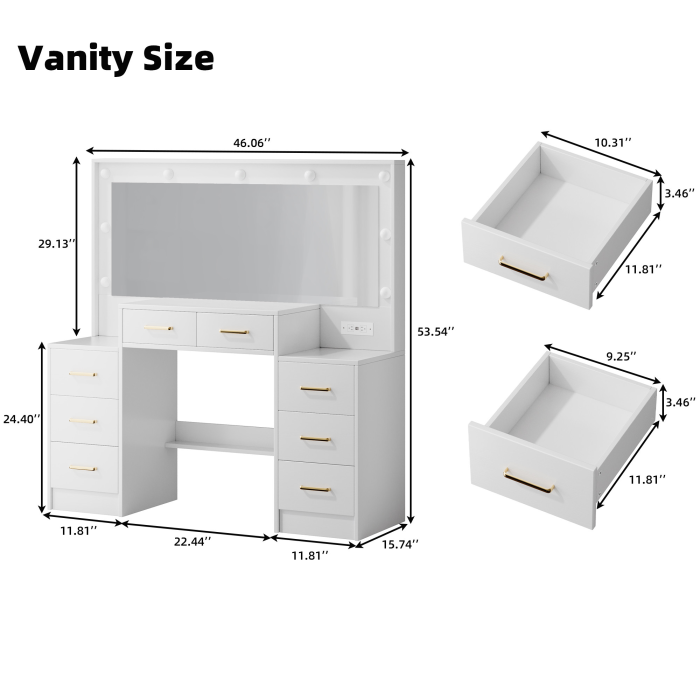 UGTOO 46.06 Inch Vanity Table with Large Mirror and 8 Drawers