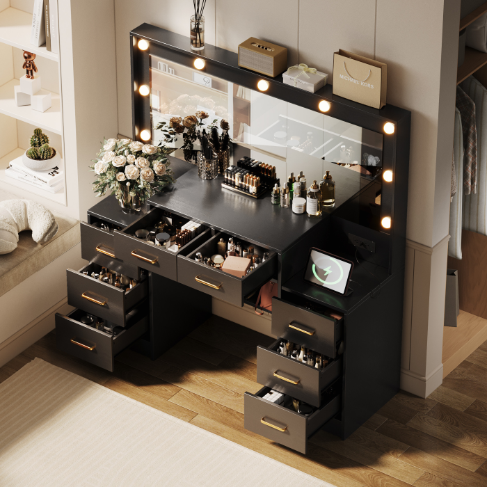 UGTOO 46.06 Inch Vanity Table with Large Mirror and 8 Drawers