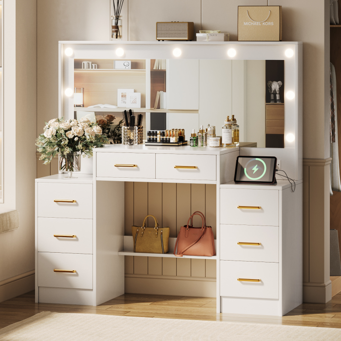 UGTOO 46.06 Inch Vanity Table with Large Mirror and 8 Drawers