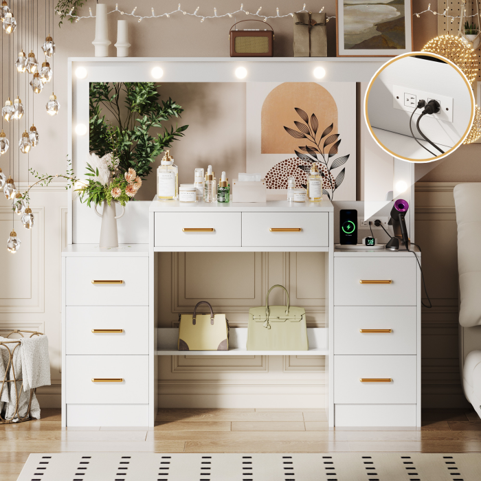 UGTOO 46.06 Inch Vanity Table with Large Mirror and 8 Drawers