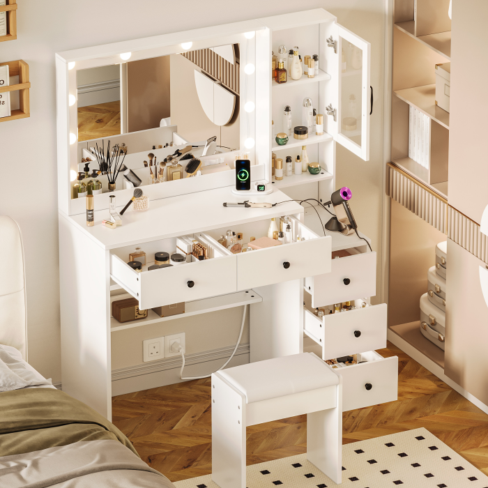 UGTOO 35.44 Inch 5 Drawers Circular Handle Vanity with Stool