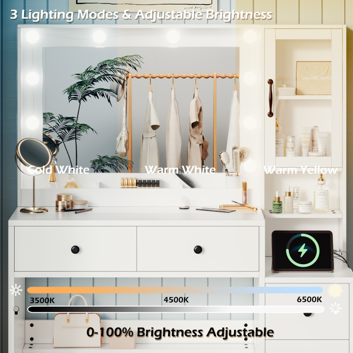 UGTOO 35.44 Inch 5 Drawers Circular Handle Vanity with Stool