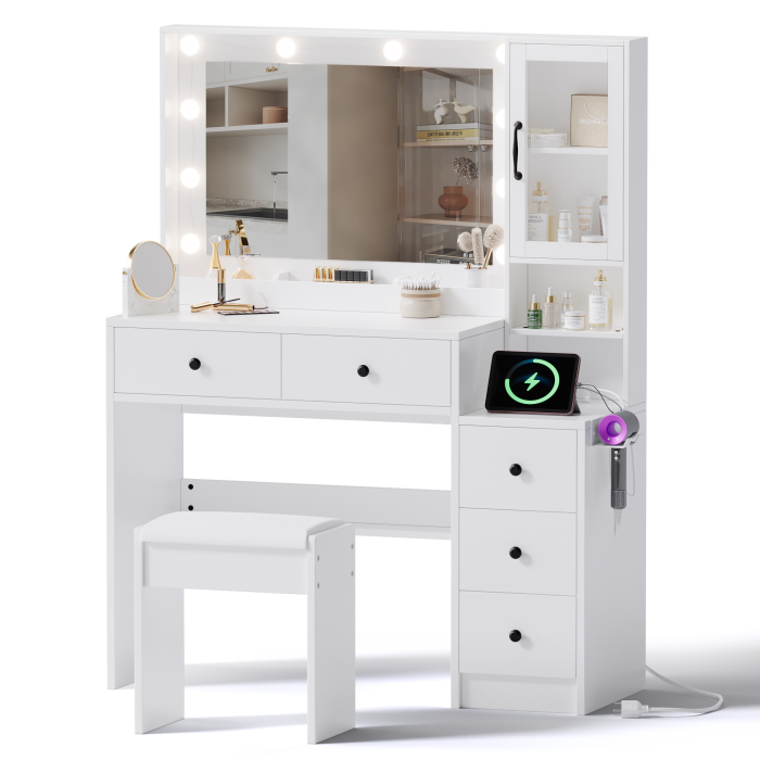 UGTOO 35.44 Inch 5 Drawers Circular Handle Vanity with Stool