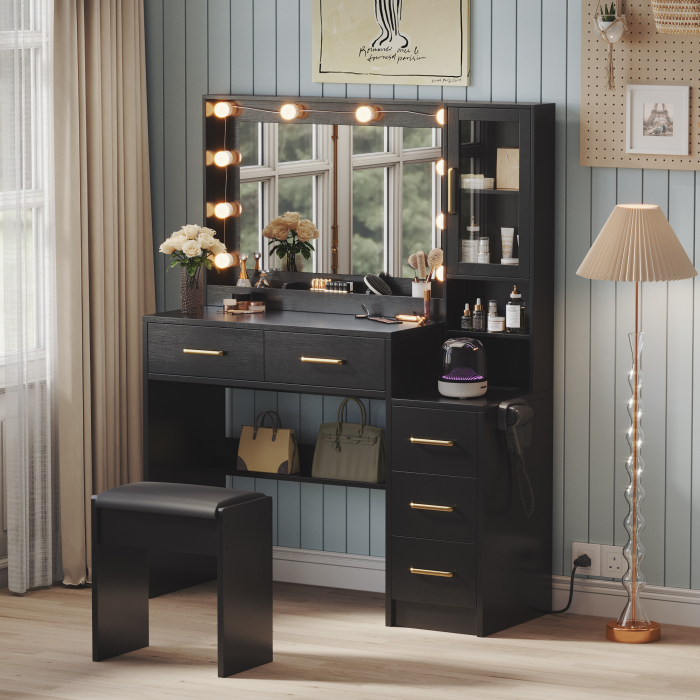 UGTOO 35.4 Inch Makeup Vanity with LED Mirror Charging Station & 5 Drawers