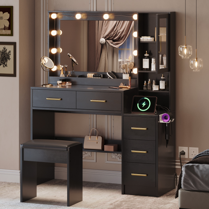 UGTOO 35.4 Inch Makeup Vanity with LED Mirror Charging Station & 5 Drawers