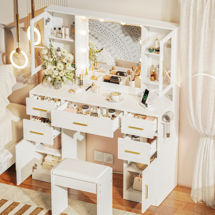 UGTOO 44.89 Inch 4 Dust-Proof Cabinets 5 Drawers White Vanity with Stool