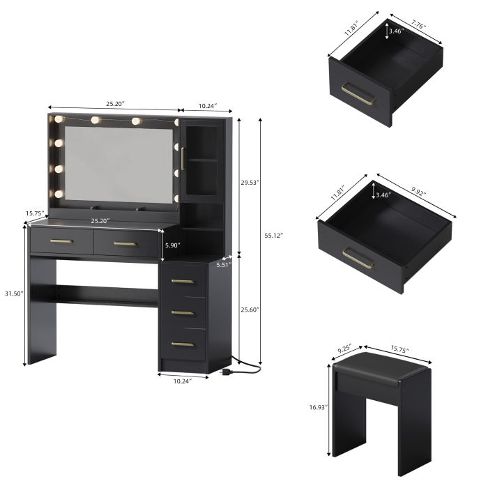 UGTOO 35.4 Inch Makeup Vanity with LED Mirror Charging Station & 5 Drawers