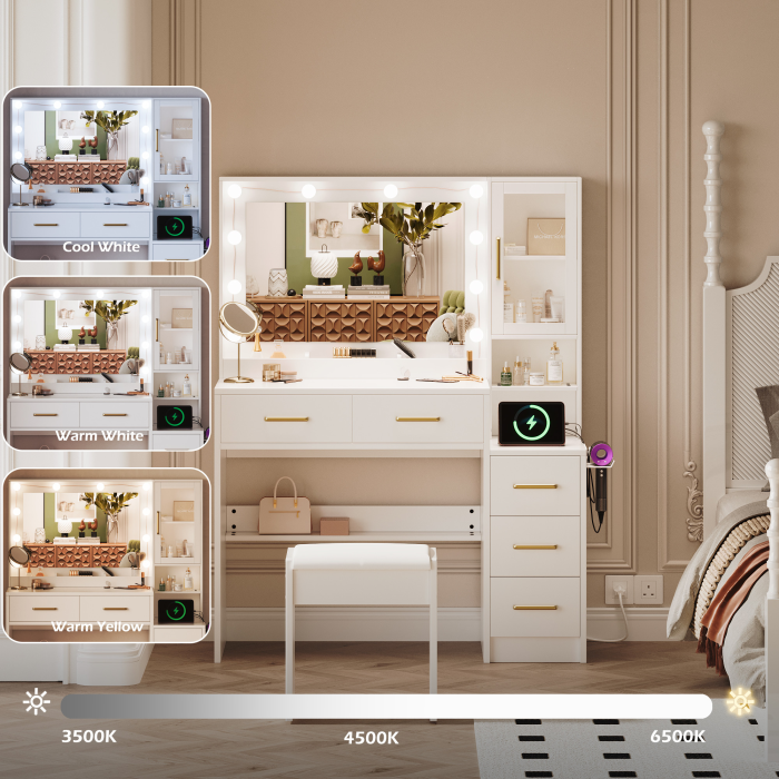 UGTOO 35.4 Inch Makeup Vanity with LED Mirror Charging Station & 5 Drawers