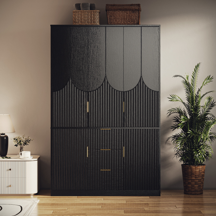 UGTOO 47.24 Inch Three Doors Groove Wooden Wardrobe
