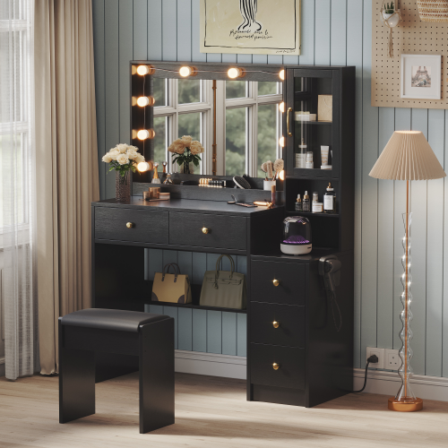 UGTOO 35.44 Inch 5 Drawers Circular Handle Vanity with Stool