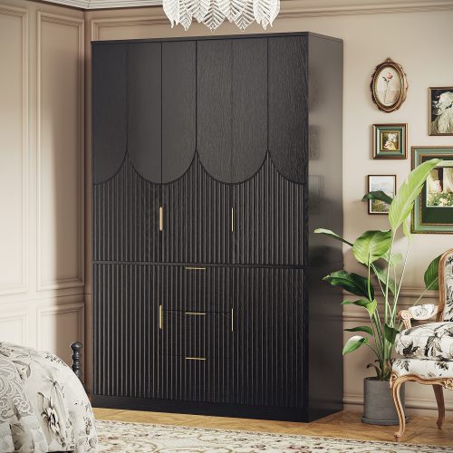 UGTOO 47.24 Inch Three Doors Groove Wooden Wardrobe