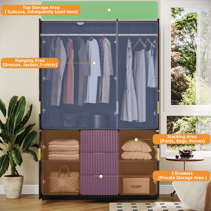 UGTOO 47.24 Inch Three Doors Groove Wooden Wardrobe