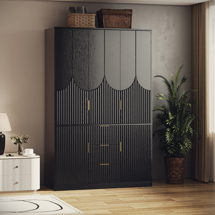 UGTOO 47.24 Inch Three Doors Groove Wooden Wardrobe