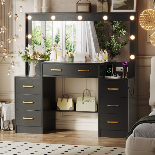 UGTOO 46.06 Inch Vanity Table with Large Mirror and 8 Drawers
