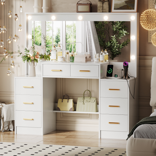 UGTOO 46.06 Inch Vanity Table with Large Mirror and 8 Drawers