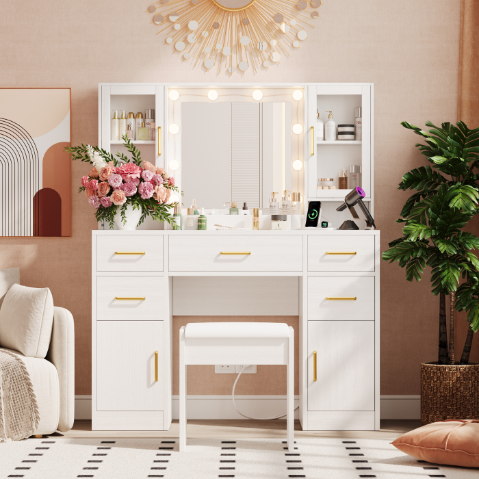 UGTOO 44.89 Inch 4 Dust-Proof Cabinets 5 Drawers White Vanity with Stool