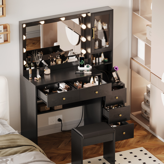 UGTOO 35.44 Inch 5 Drawers Circular Handle Vanity with Stool
