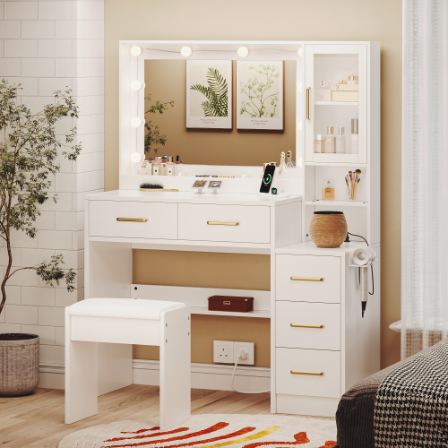 UGTOO 35.4 Inch Makeup Vanity with LED Mirror Charging Station & 5 Drawers