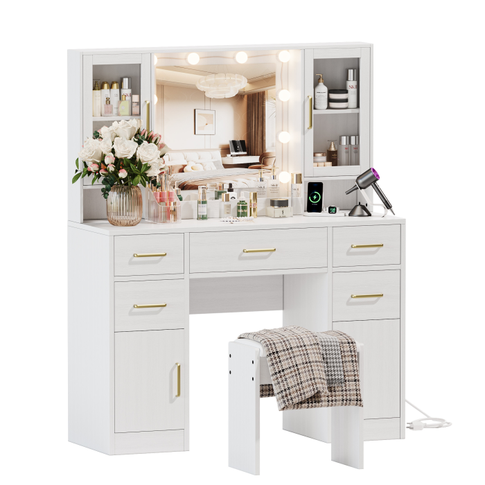 UGTOO 44.89 Inch 4 Dust-Proof Cabinets 5 Drawers White Vanity with Stool