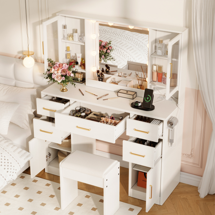 UGTOO 44.89 Inch 4 Dust-Proof Cabinets 5 Drawers White Vanity with Stool