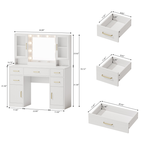 UGTOO 44.89 Inch 4 Dust-Proof Cabinets 5 Drawers White Vanity with Stool