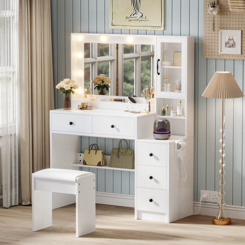 UGTOO 35.44 Inch 5 Drawers Circular Handle Vanity with Stool