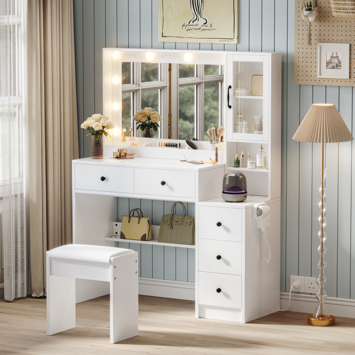 UGTOO 35.44 Inch 5 Drawers Circular Handle Vanity with Stool