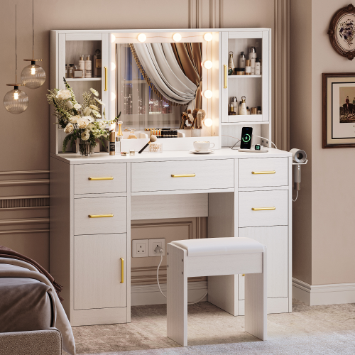 UGTOO 44.89 Inch 4 Dust-Proof Cabinets 5 Drawers White Vanity with Stool