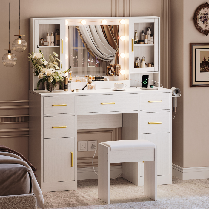 UGTOO 44.89 Inch 4 Dust-Proof Cabinets 5 Drawers White Vanity with Stool