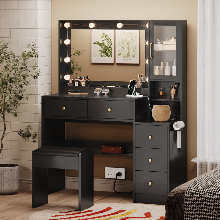 UGTOO 35.44 Inch 5 Drawers Circular Handle Vanity with Stool