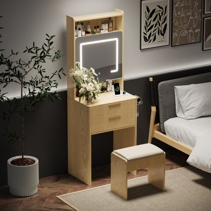 UGTOO 21.65 Inch 3-in-1 2-Drawers Vanity with Stool