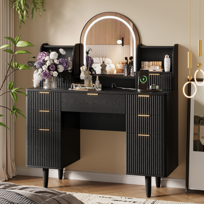 UGTOO 44.3Inch Wooden LED Makeup Vanity with 7 Drawers & Arc Mirror